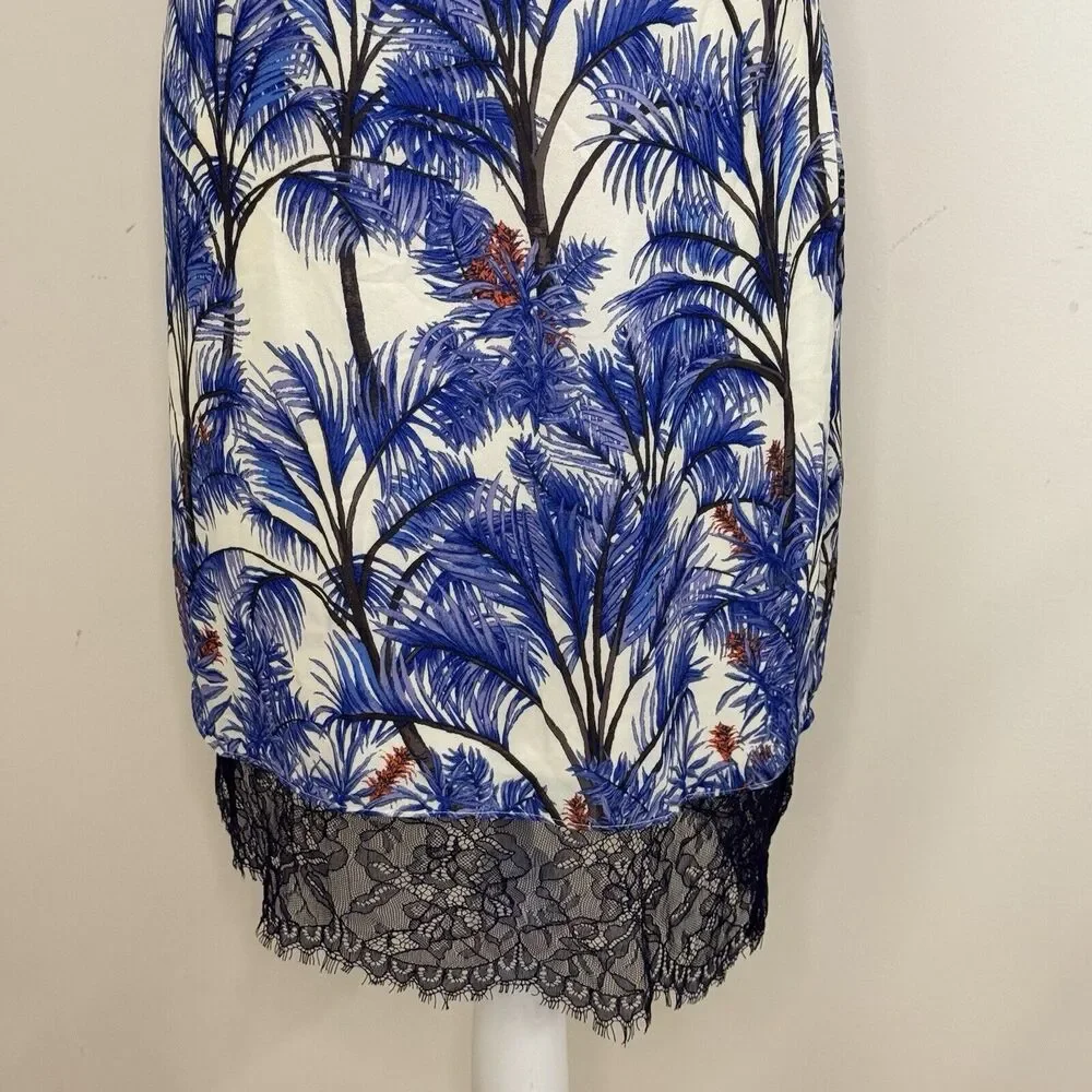 Adelyn Rae Nevina Palm Print Lace Slip Dress Size S Blue White V-Neck Sleeveless